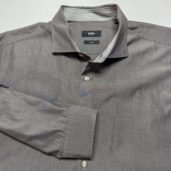 BOSS Hugo Boss Shirt Mens XL Gray Slim Fit Button Down Long Sleeve Flip Cuff - Picture 1 of 11